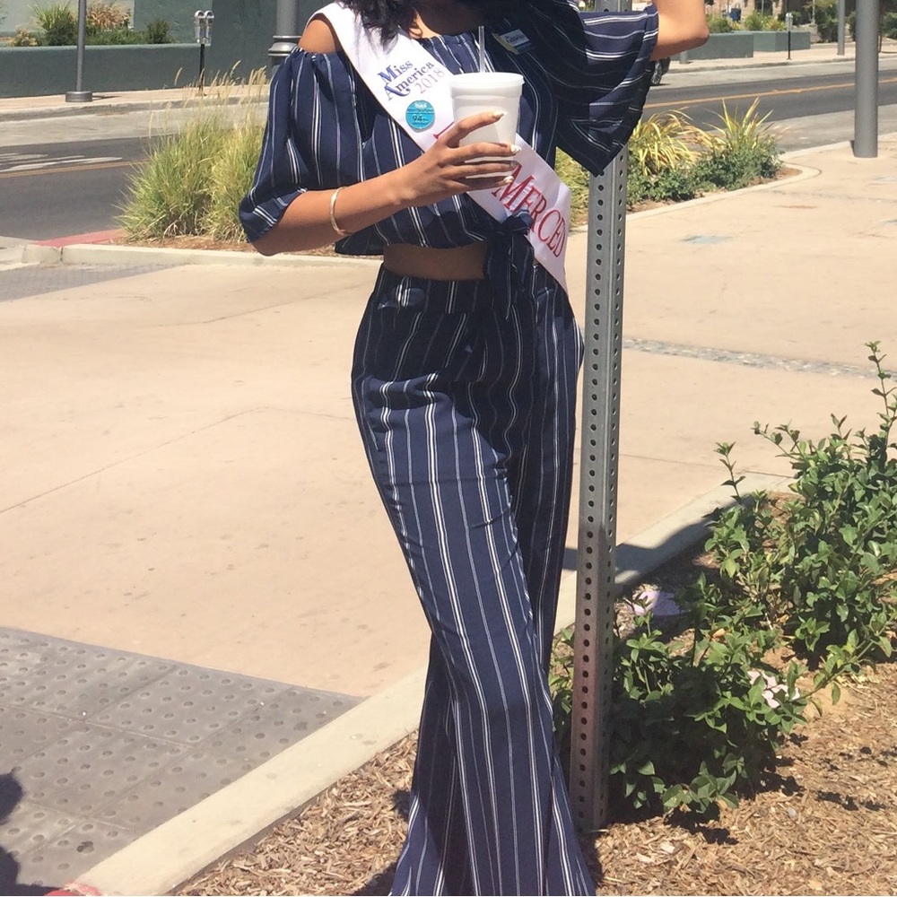 Blue and white off the shoulder shirt and pants set